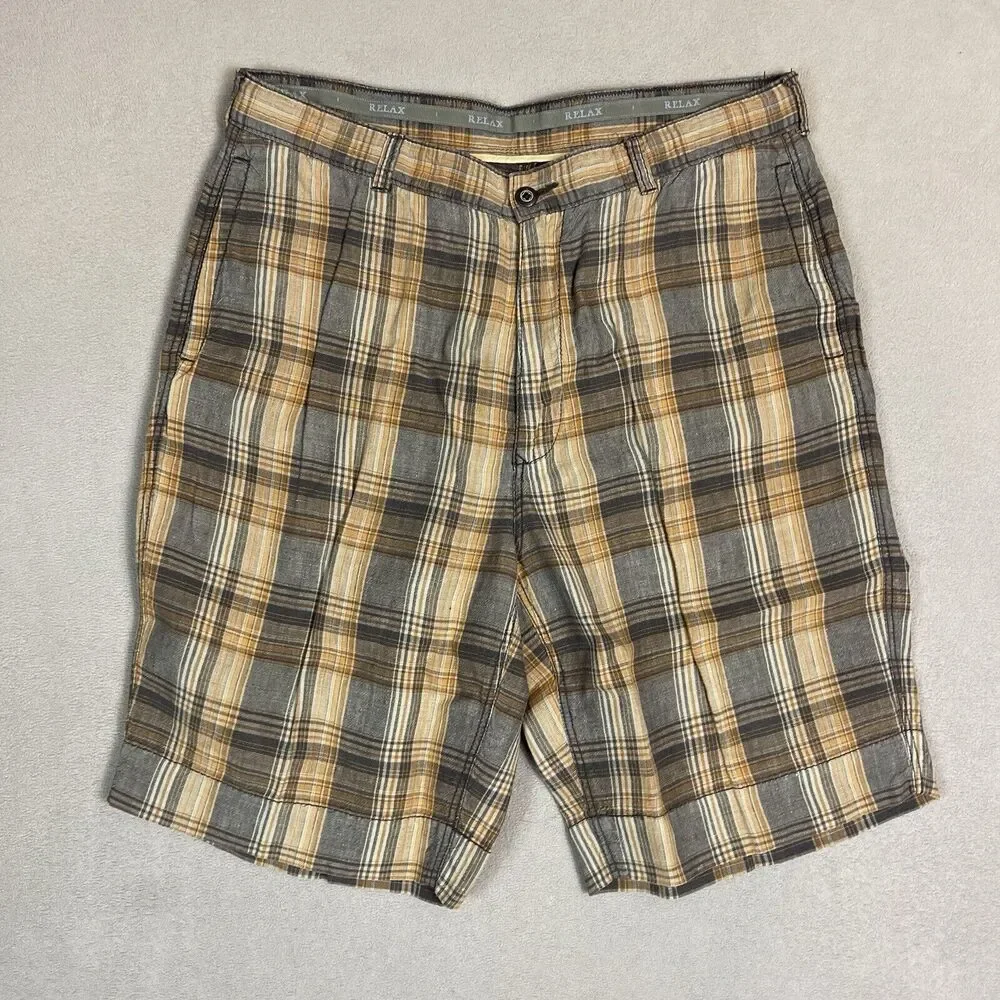 Tommy Bahama Relax Short Mens 35‎ Brown Plaid Linen Chino Preppy Adult